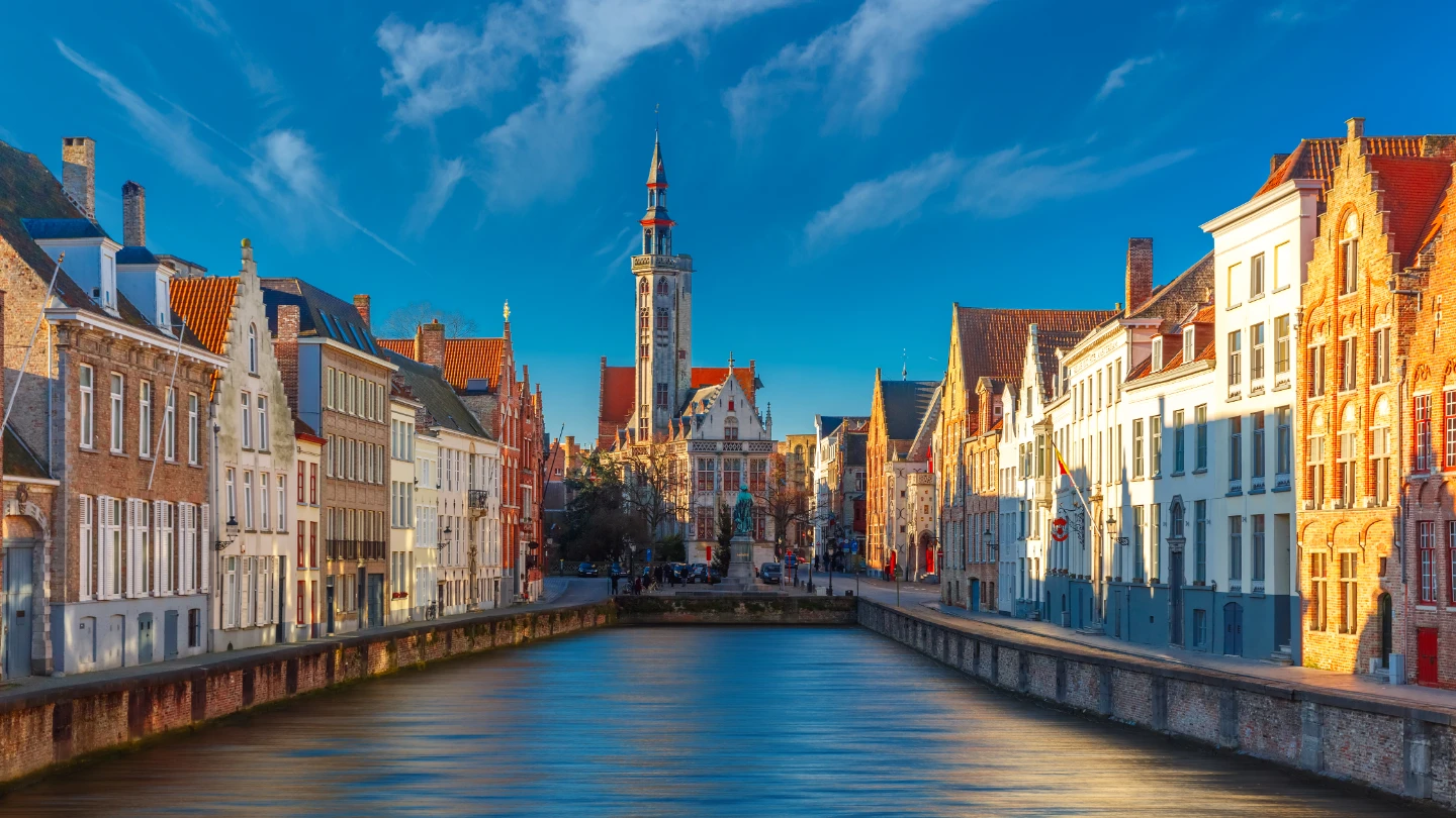 Spiegelrei canal and Jan Van Eyck Square in the morning in Bruges, Belgium